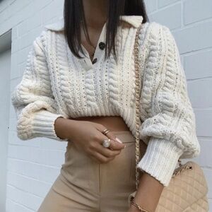 Zara Cream V-Neck Cable Knit Sweater